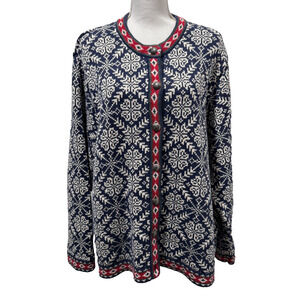 Vintage LL Bean Sweater Cardigan Navy Fair Isle Knit Nordic Snowflake Sz 2X Plus